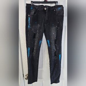 Men's, Distressed Black Jeans with Blue Accents